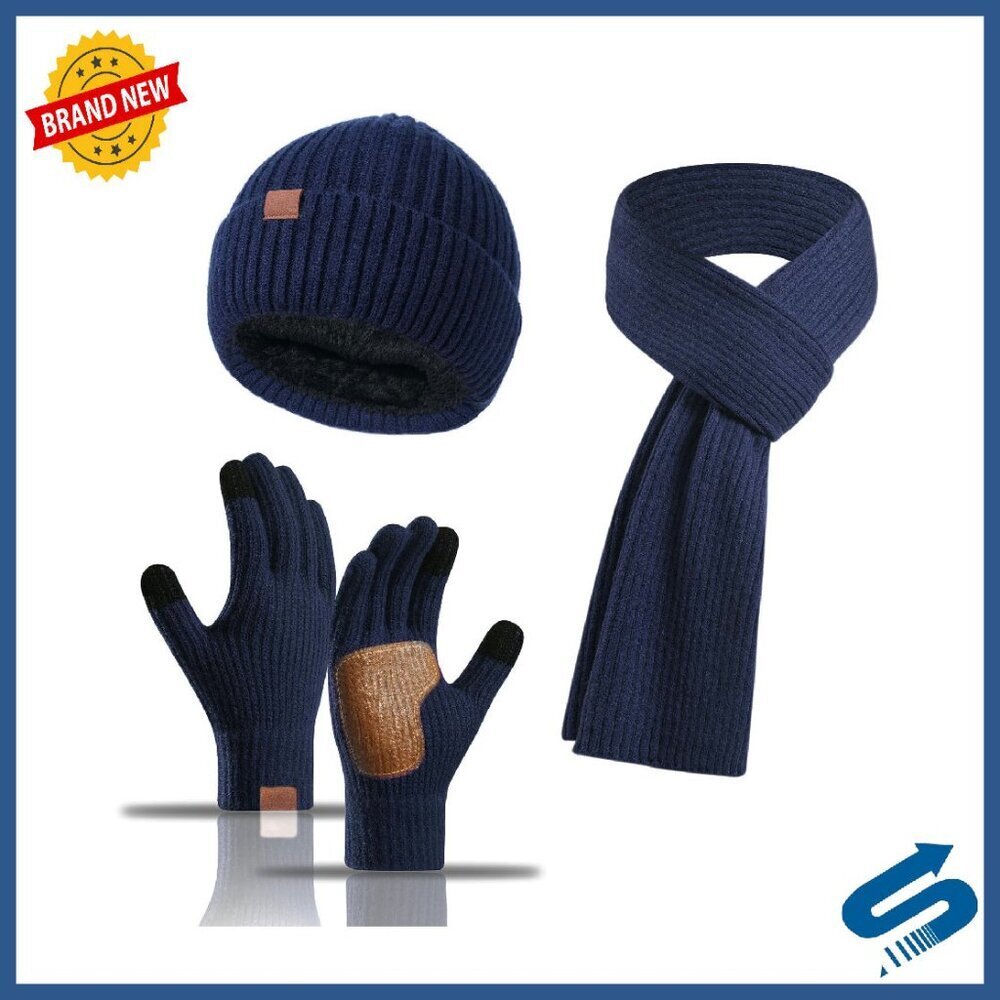 Winter Knit Beanie Fleece-Lined Touch Screen Gloves Scarf Set